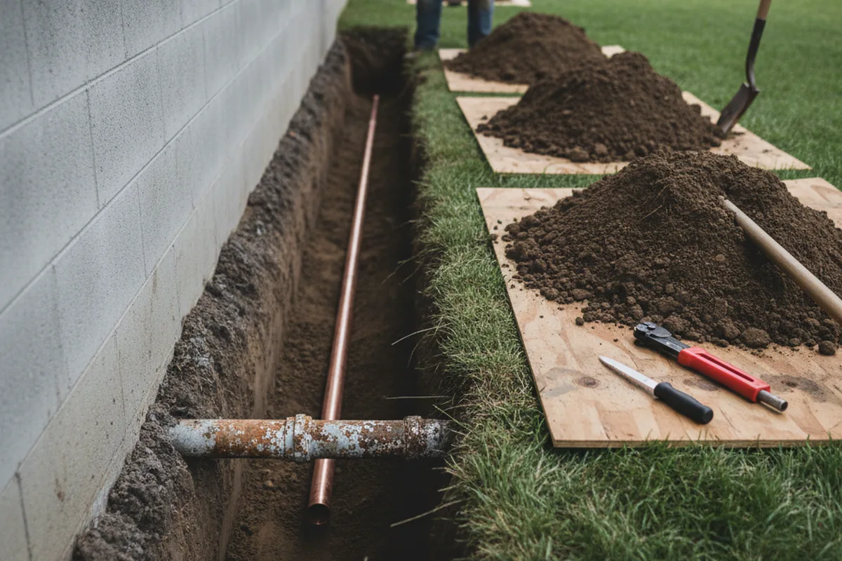 Excavated water line trench during Water Softener Installation in Camp Nelson
